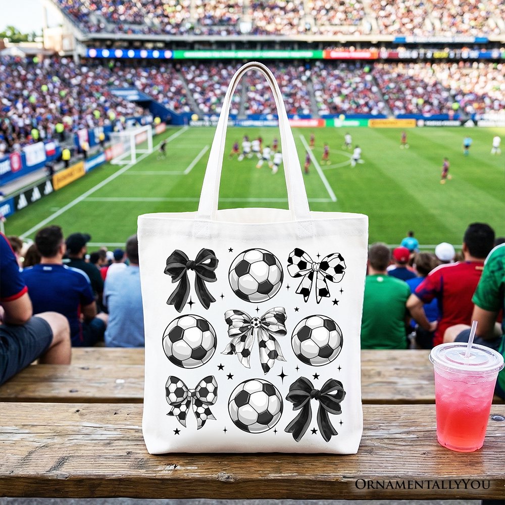 Soccer Balls Coquette Bows Tote Bag, Sports Mom Gift Shopper