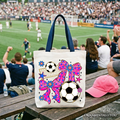 Soccer Coquette Pink Bow Tote Bag, Preppy Game Day Gift Shopper