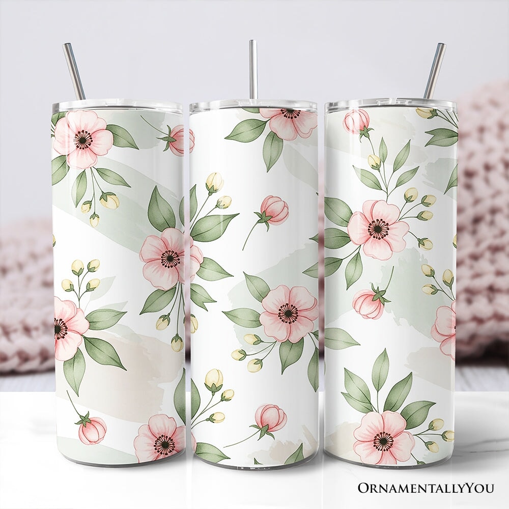 Soft Pink Wildflower 20oz Personalized Tumbler With Lid and Stainless Steel Straw, Elegant Floral Pattern Gift Cup