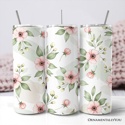 Soft Pink Wildflower 20oz Personalized Tumbler With Lid and Stainless Steel Straw, Elegant Floral Pattern Gift Cup