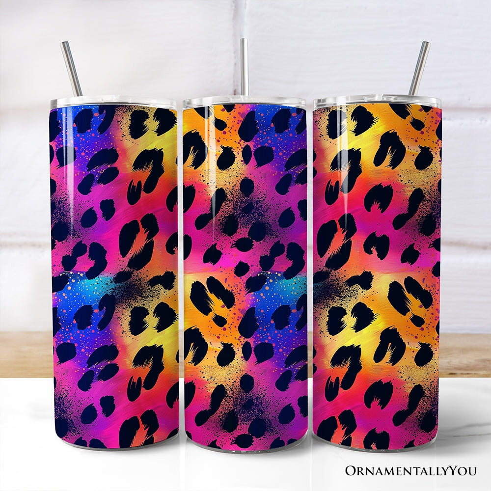 Vibrant Neon Leopard Print 20oz Personalized Tumbler With Lid and Stainless Steel Straw, Retro Rainbow Animal Pattern Gift Cup