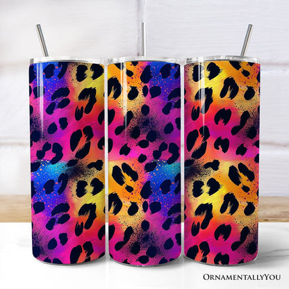 Vibrant Neon Leopard Print 20oz Personalized Tumbler With Lid and Stainless Steel Straw, Retro Rainbow Animal Pattern Gift Cup