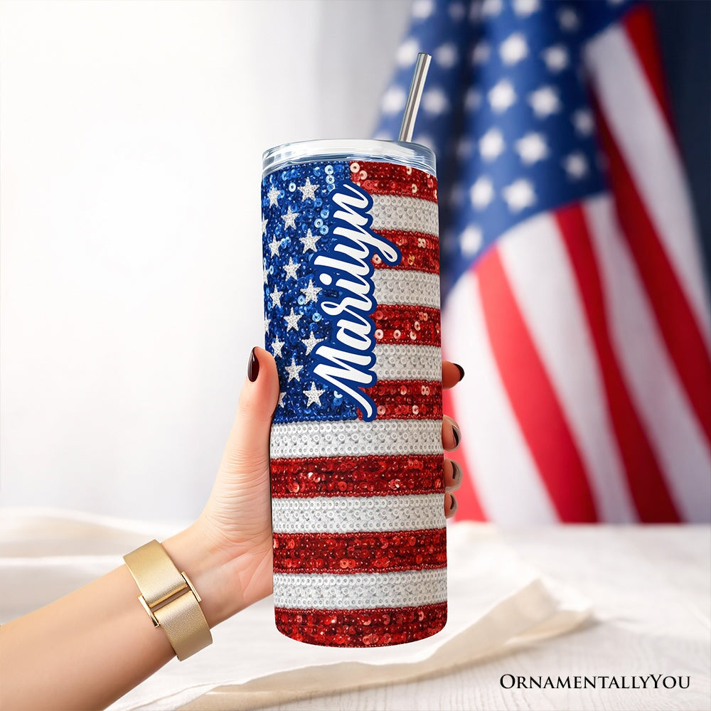 American Flag Sequin Print 20oz Personalized Tumbler With Lid and Stainless Steel Straw, Patriotic USA Stars and Stripes Gift Cup