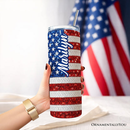 American Flag Sequin Print 20oz Personalized Tumbler With Lid and Stainless Steel Straw, Patriotic USA Stars and Stripes Gift Cup