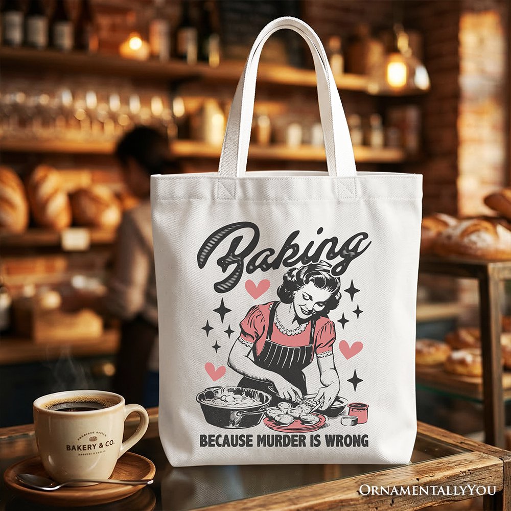 Baking Because Murder Is Wrong Anti-Valentine Tote Bag, Funny Retro Kitchen Gift Shopper