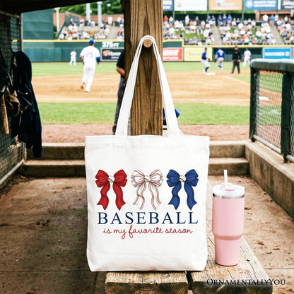 Baseball Is My Favorite Season Tote Bag, Coquette Bow Game Day Gift Shopper