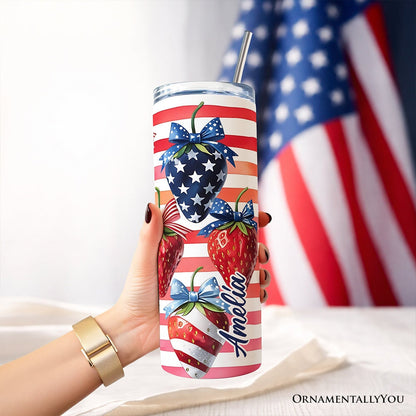 Berry Proud to Be an American 20oz Personalized Tumbler With Lid and Stainless Steel Straw, Patriotic Strawberry 4th of July Gift Cup