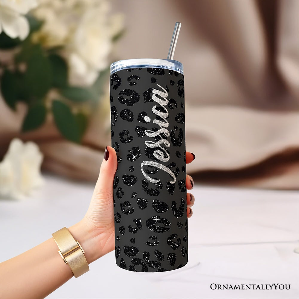 Black Glitter Leopard Print 20oz Personalized Tumbler With Lid and Stainless Steel Straw, Bold Animal Pattern Gift Cup