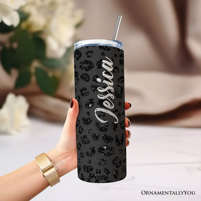 Black Glitter Leopard Print 20oz Personalized Tumbler With Lid and Stainless Steel Straw, Bold Animal Pattern Gift Cup