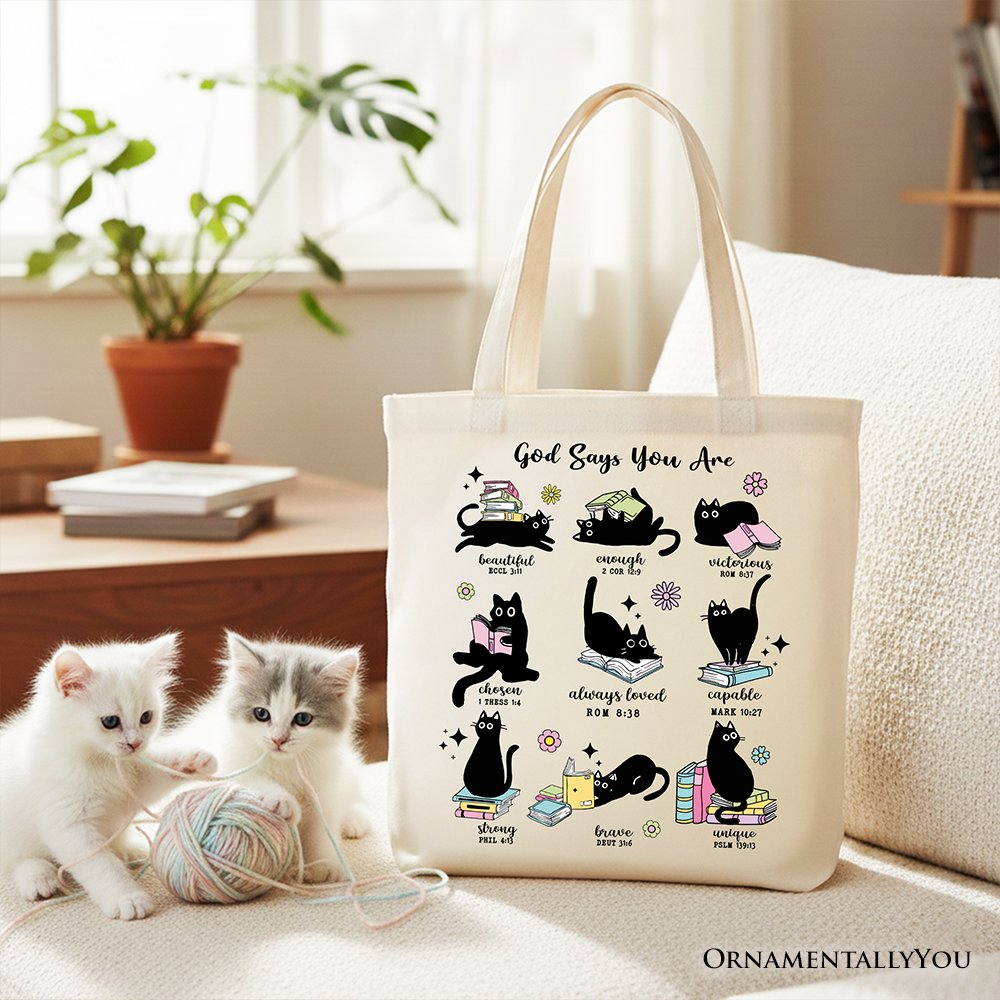 Book Cat God Says I Am Tote Bag, Christian Bible Verse Faith Gift Shopper