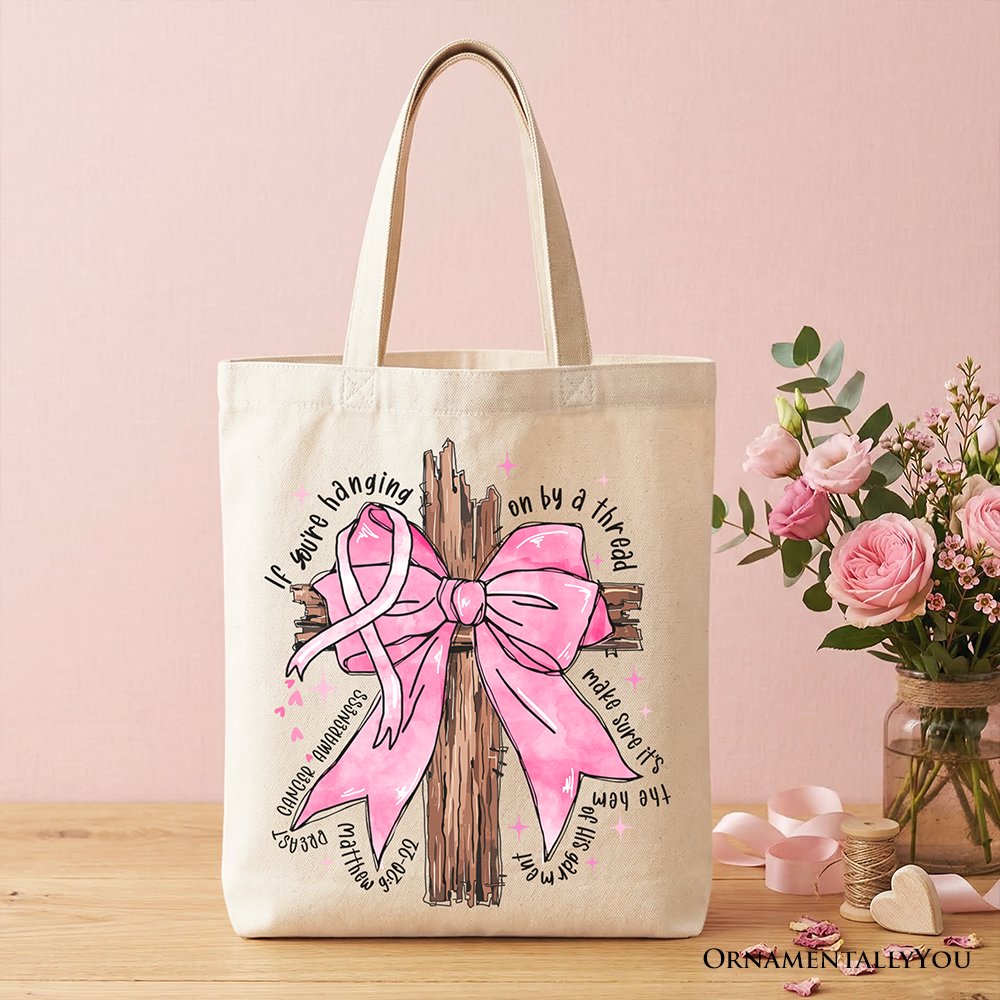 Breast Cancer Pink Bow Cross Tote Bag, Awareness Faith Christian Gift Shopper