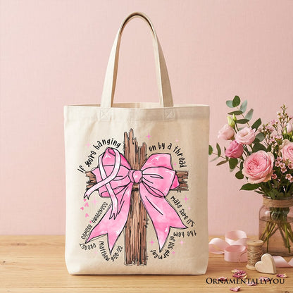 Breast Cancer Pink Bow Cross Tote Bag, Awareness Faith Christian Gift Shopper