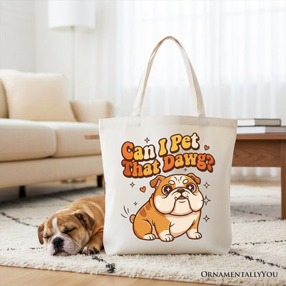 Can I Pet That Dawg Bulldog Retro Tote Bag, Cute Funny Dog Lover Gift Shopper