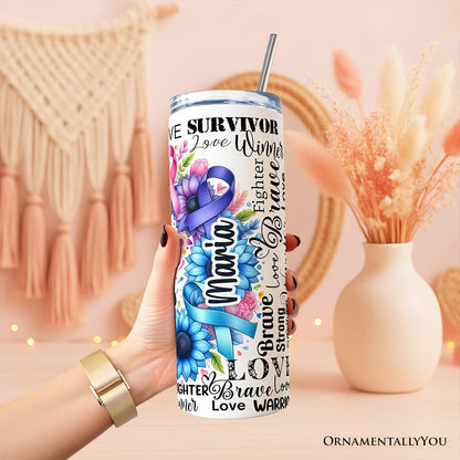 Cancer Comes In Many Colors Awareness 20oz Personalized Tumbler With Lid and Stainless Steel Straw, Floral Survivor Support Gift Cup