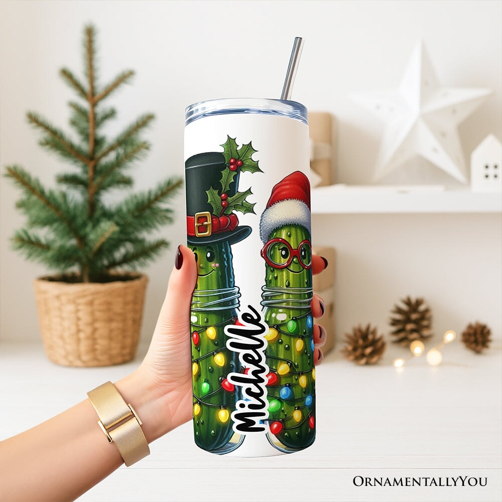 Christmas Pickles 20oz Personalized Tumbler With Lid and Stainless Steel Straw, Festive Holiday Cucumber Gift Cup