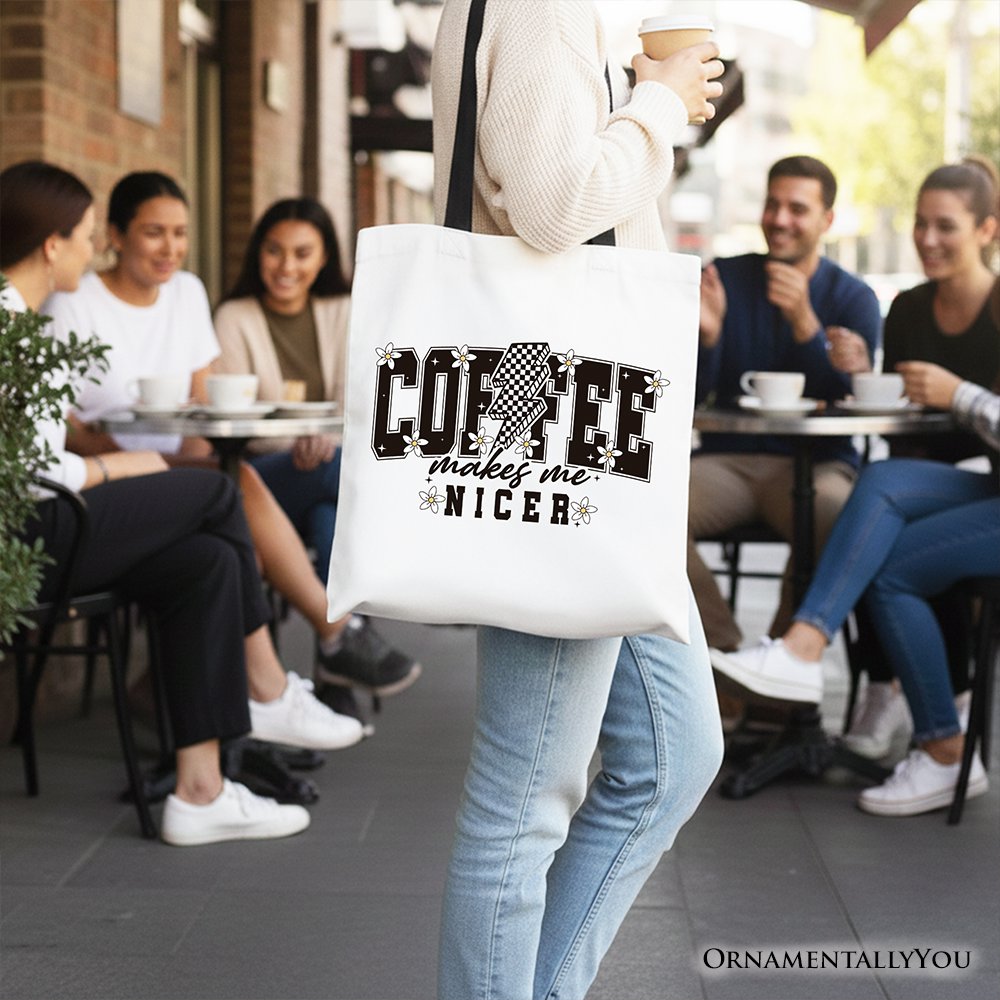 Coffee Makes Me Nicer Retro Tote Bag, Trendy Gift Shopper for Stylish Women and Caffeine Lovers