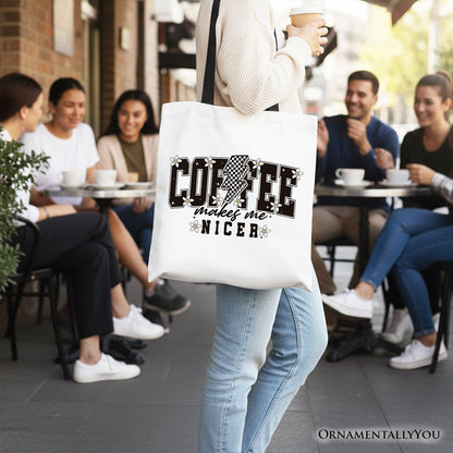 Coffee Makes Me Nicer Retro Tote Bag, Trendy Gift Shopper for Stylish Women and Caffeine Lovers