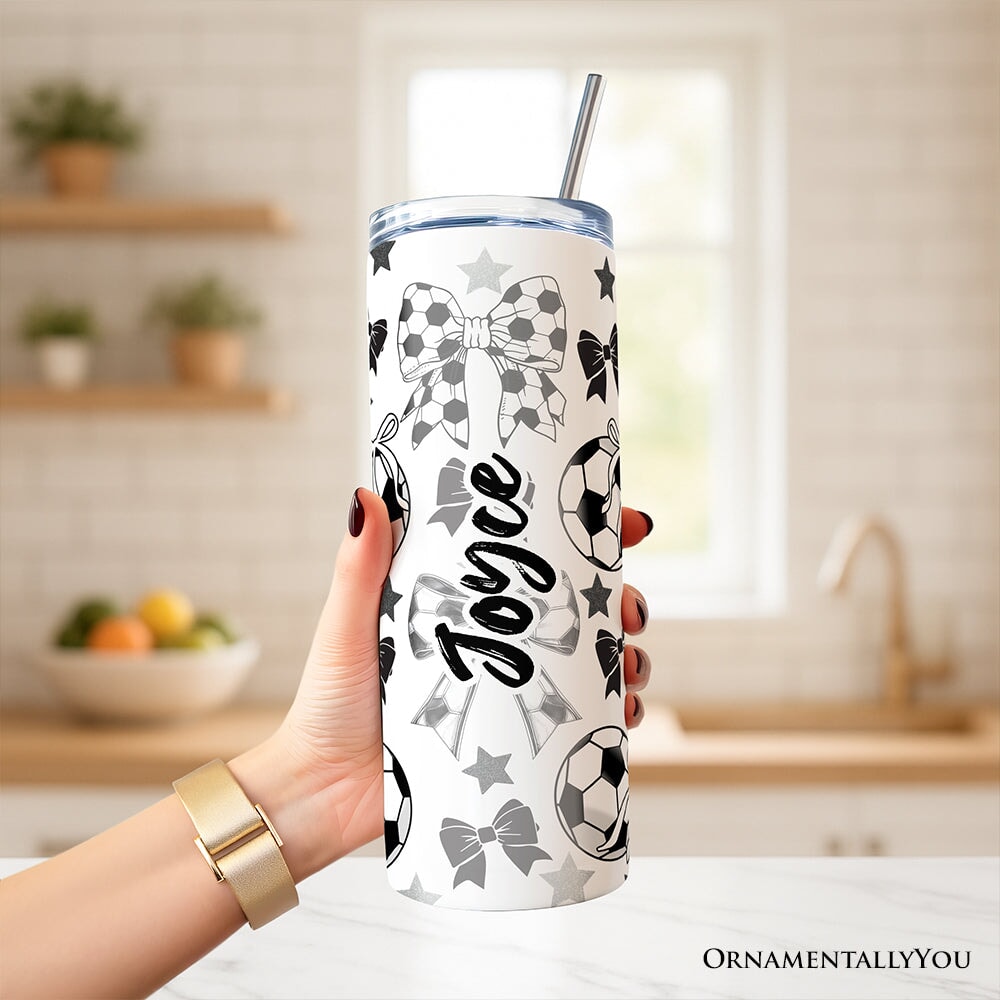 Coquette Black and White Soccer Bow 20oz Personalized Tumbler With Lid and Stainless Steel Straw, Sporty Girls Pattern Gift Cup