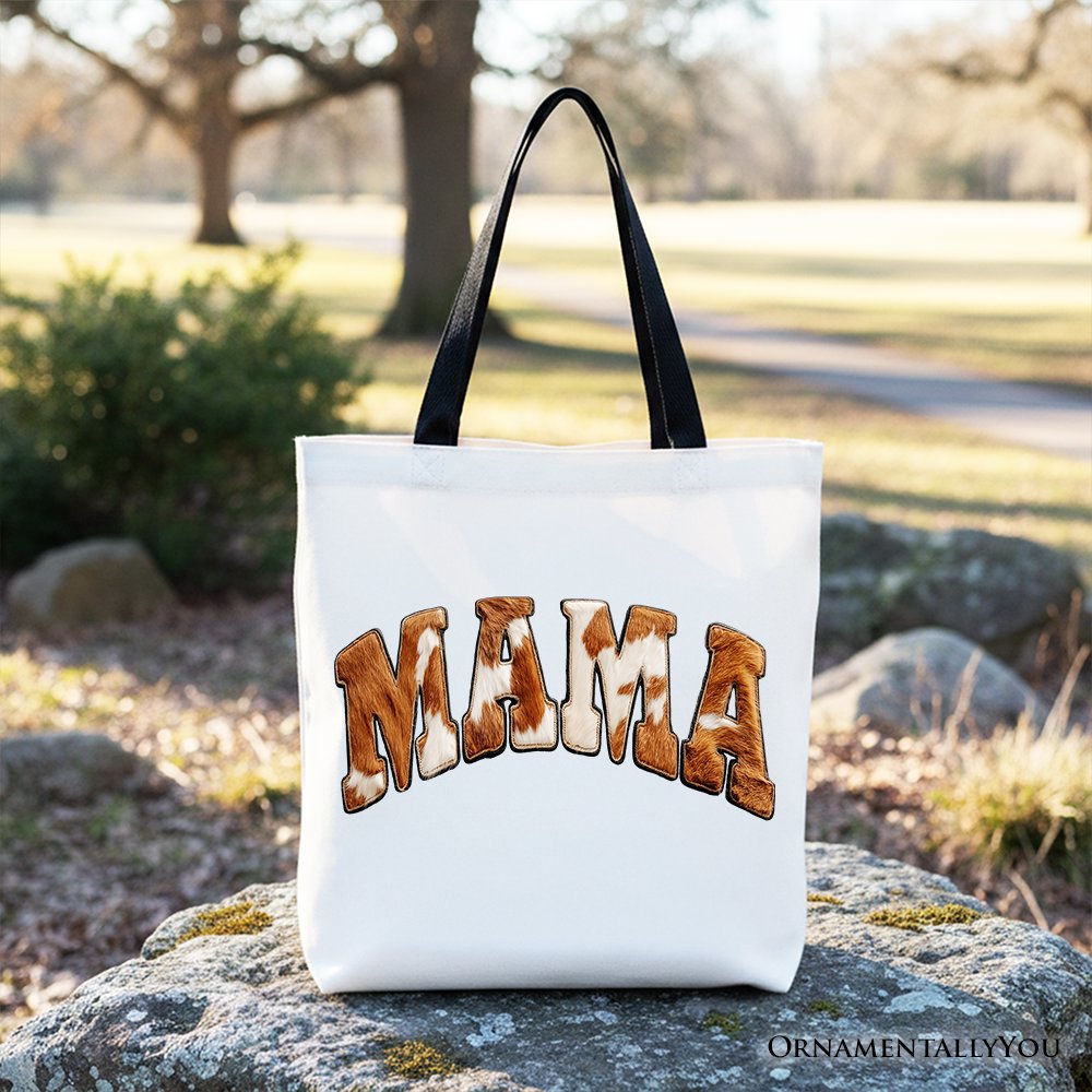 Cow Print Mama Western Tote Bag, Faux Cowhide Mom Gift Shopper
