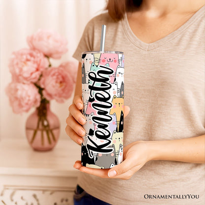 Cute Cats 20oz Personalized Tumbler With Lid and Stainless Steel Straw, Cozy Cat Owner Travel Mug Gift