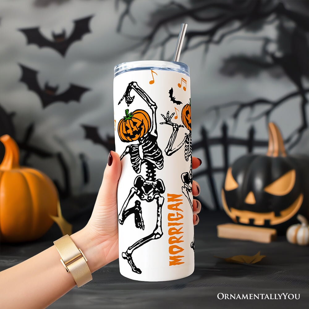Dancing Skeletons with Pumpkin Head 20oz Personalized Tumbler With Lid and Stainless Steel Straw, Funny Dry Bones Come Alive Halloween Gift Cup