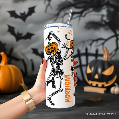 Dancing Skeletons with Pumpkin Head 20oz Personalized Tumbler With Lid and Stainless Steel Straw, Funny Dry Bones Come Alive Halloween Gift Cup