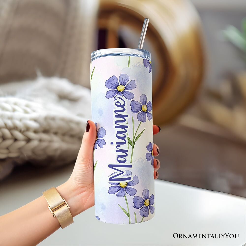 Delicate Blue Wildflowers 20oz Personalized Tumbler With Lid and Stainless Steel Straw, Soft Pastel Floral Pattern Gift Cup