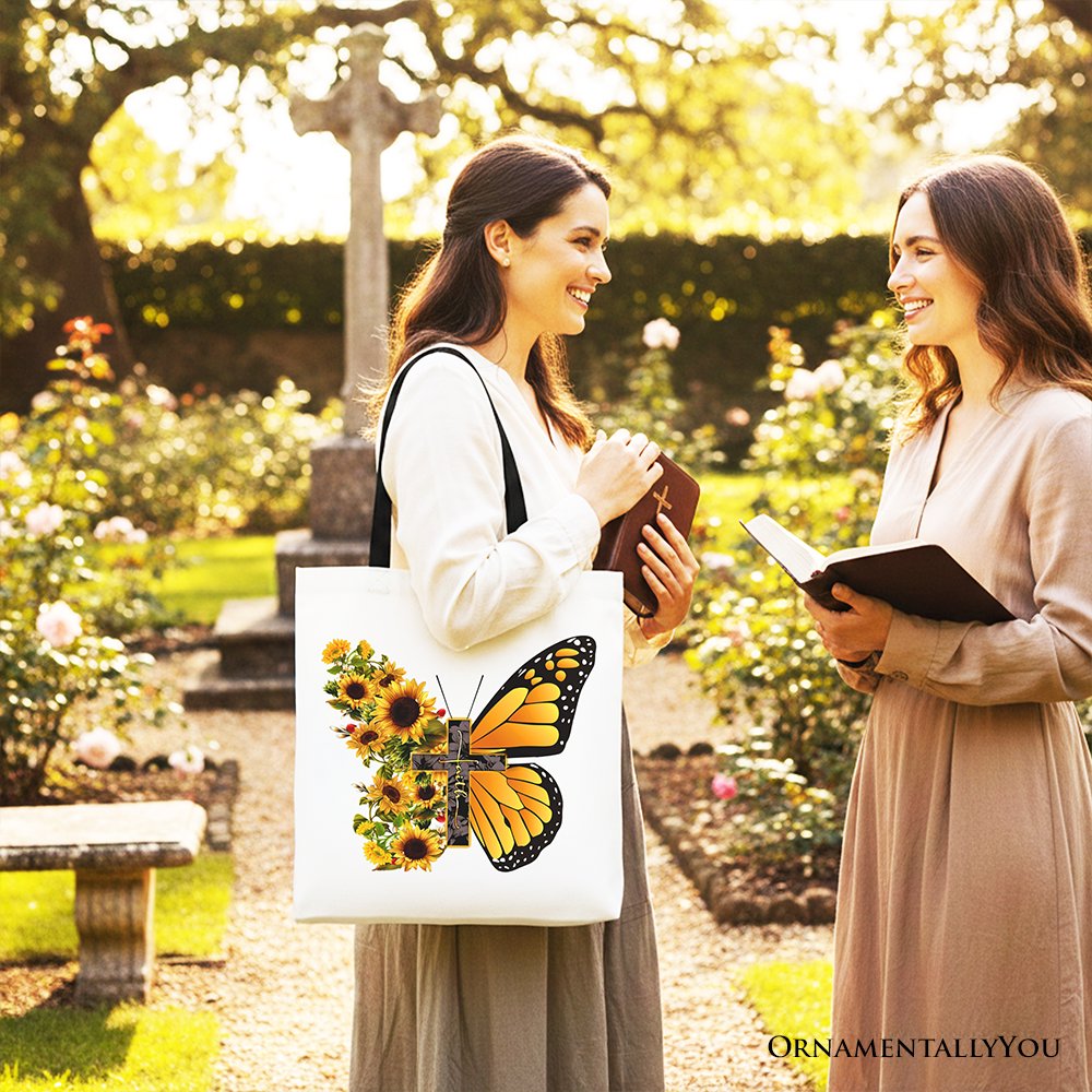 Faith Cross Butterfly Tote Bag, Christian Sunflower Floral Gift Shopper