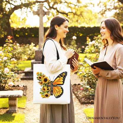 Faith Cross Butterfly Tote Bag, Christian Sunflower Floral Gift Shopper