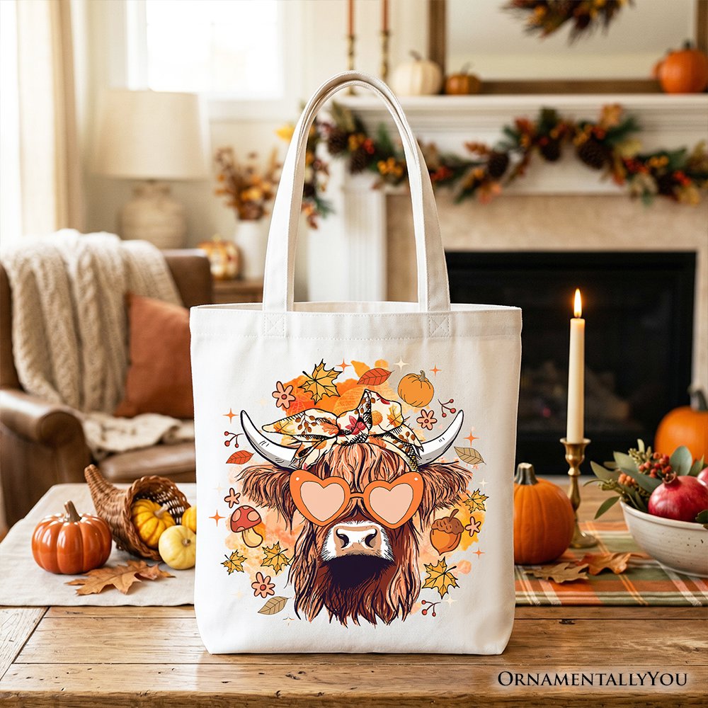 Fall Highland Cow Tote Bag, Messy Bun Howdy Gift Shopper with Autumn Vibes