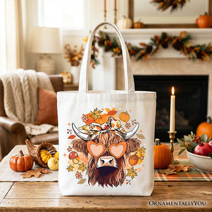 Fall Highland Cow Tote Bag, Messy Bun Howdy Gift Shopper with Autumn Vibes
