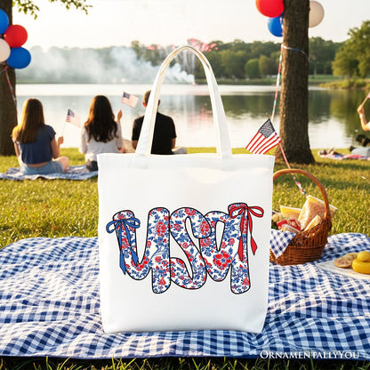 Floral USA Patriotic Canvas Tote Bag, 4th of July Gift Shopper for Stylish Women