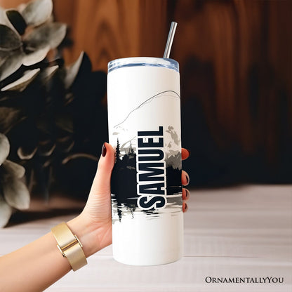 Fly Fishing Mountain Lake Scene 20oz Personalized Tumbler With Lid and Stainless Steel Straw, Angler Outdoor Adventure Gift Cup