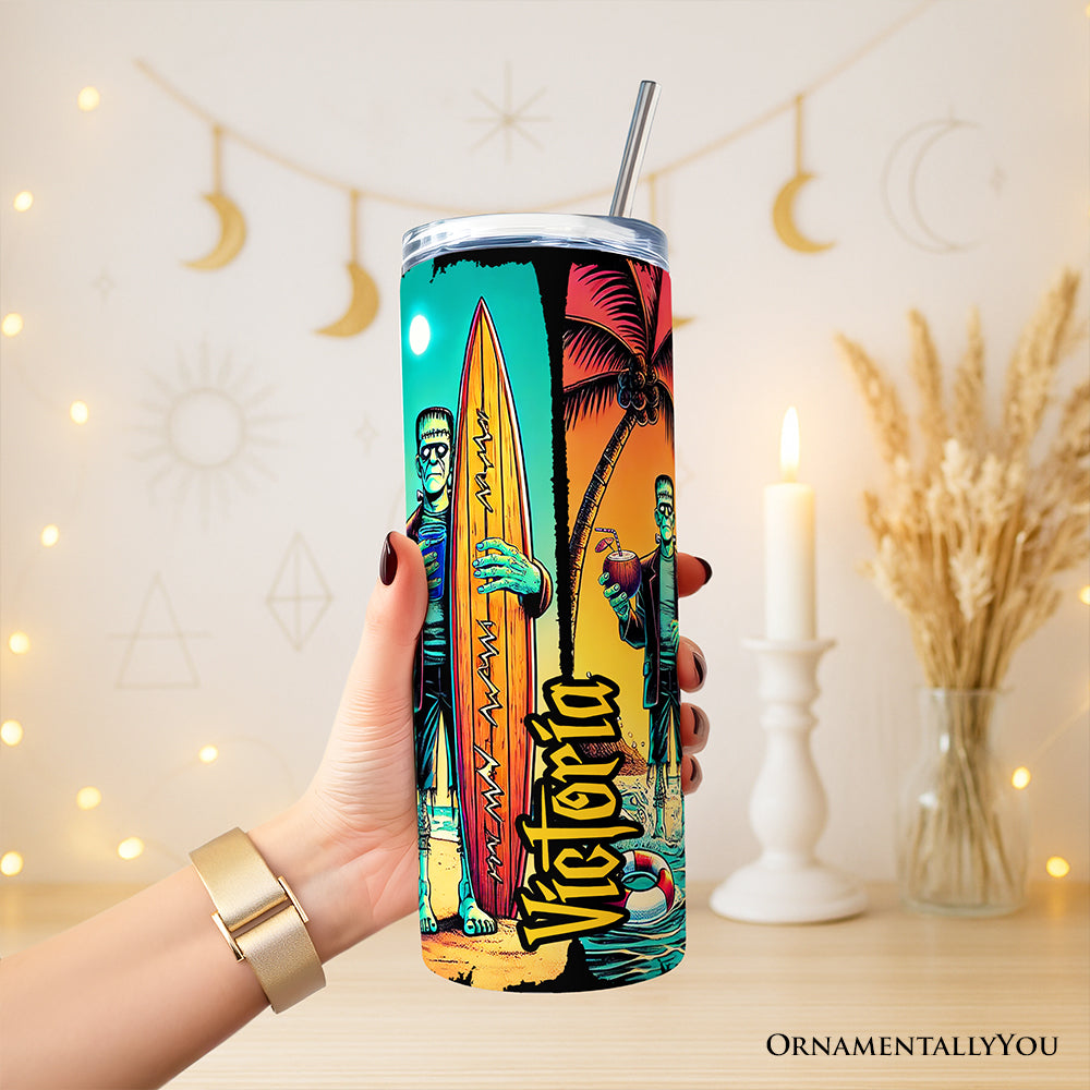 Frankenstein's Summer Beach Vacation 20oz Personalized Tumbler With Lid and Stainless Steel Straw, Retro Horror Neon Surf Gift Cup