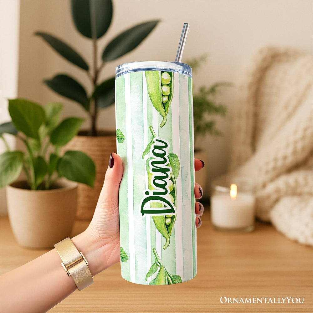 Fresh Green Pea Pod Pattern 20oz Personalized Tumbler With Lid and Stainless Steel Straw, Watercolor Garden Vegetable Gift Cup