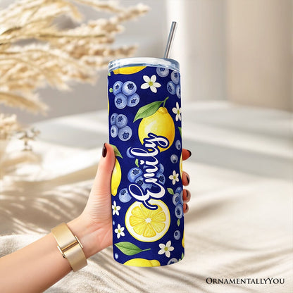 Fresh Lemon and Blueberry Pattern 20oz Personalized Tumbler With Lid and Stainless Steel Straw, Summer Citrus Fruit Gift Cup