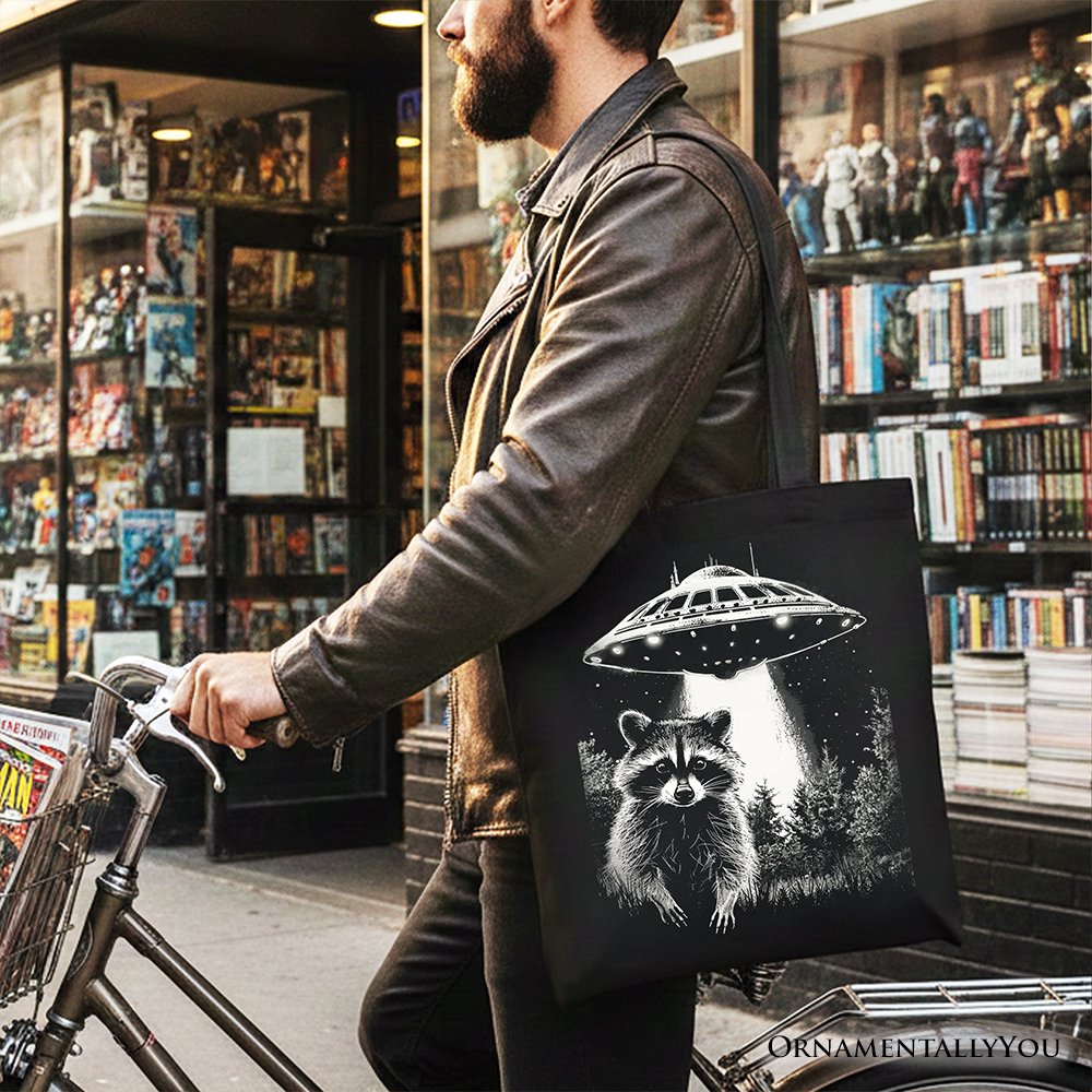 Funny UFO Raccoon Tote Bag, Gift Shopper for Alien Enthusiasts