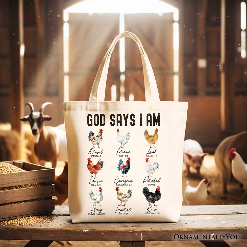 God Says I Am Christian Tote Bag, Rooster and Chicken Gift Shopper for Farm Style Lovers