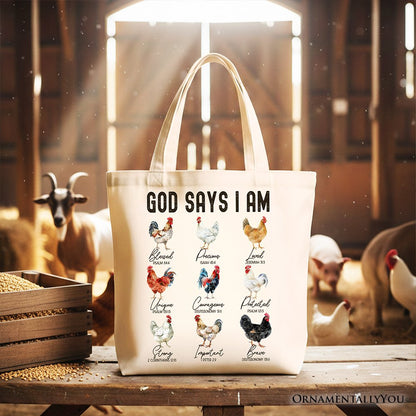 God Says I Am Christian Tote Bag, Rooster and Chicken Gift Shopper for Farm Style Lovers