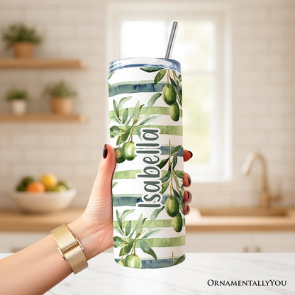 Green Olive Branch Print 20oz Personalized Tumbler With Lid and Stainless Steel Straw, Fresh Botanical Gift Cup
