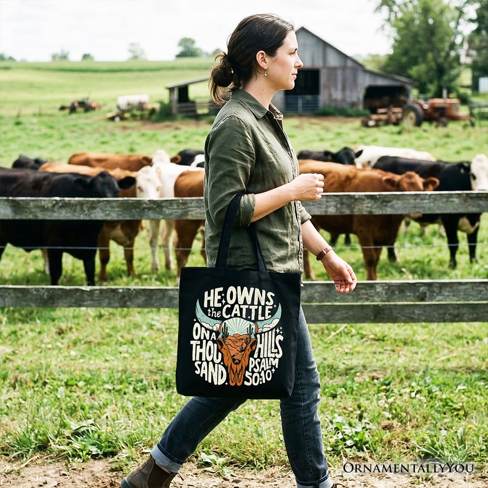 He Owns the Cattle On a Thousand Hills Tote Bag, Christian Western Faith Gift Shopper