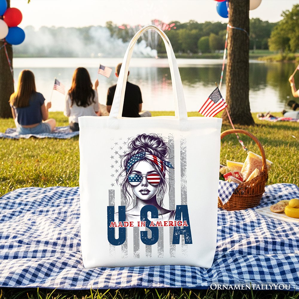 Made in America Messy Bun Tote Bag, Retro 4th of July White Patriotic Gift Shopper