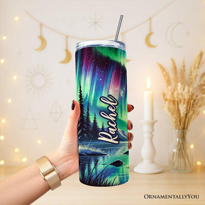 Majestic Moose Under Northern Lights 20oz Personalized Tumbler With Lid and Stainless Steel Straw, Enchanted Christmas Gift Cup