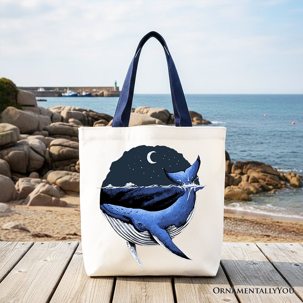 Moonlit Whale Vintage Tote Bag, Night Ocean Retro Gift Shopper