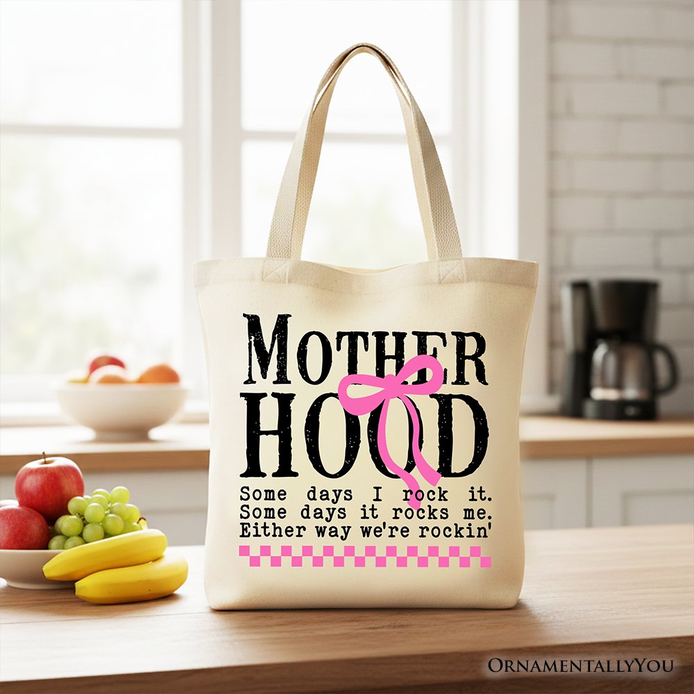 Motherhood Coquette Pink Bow Tote Bag, Retro Checkered Gift Shopper