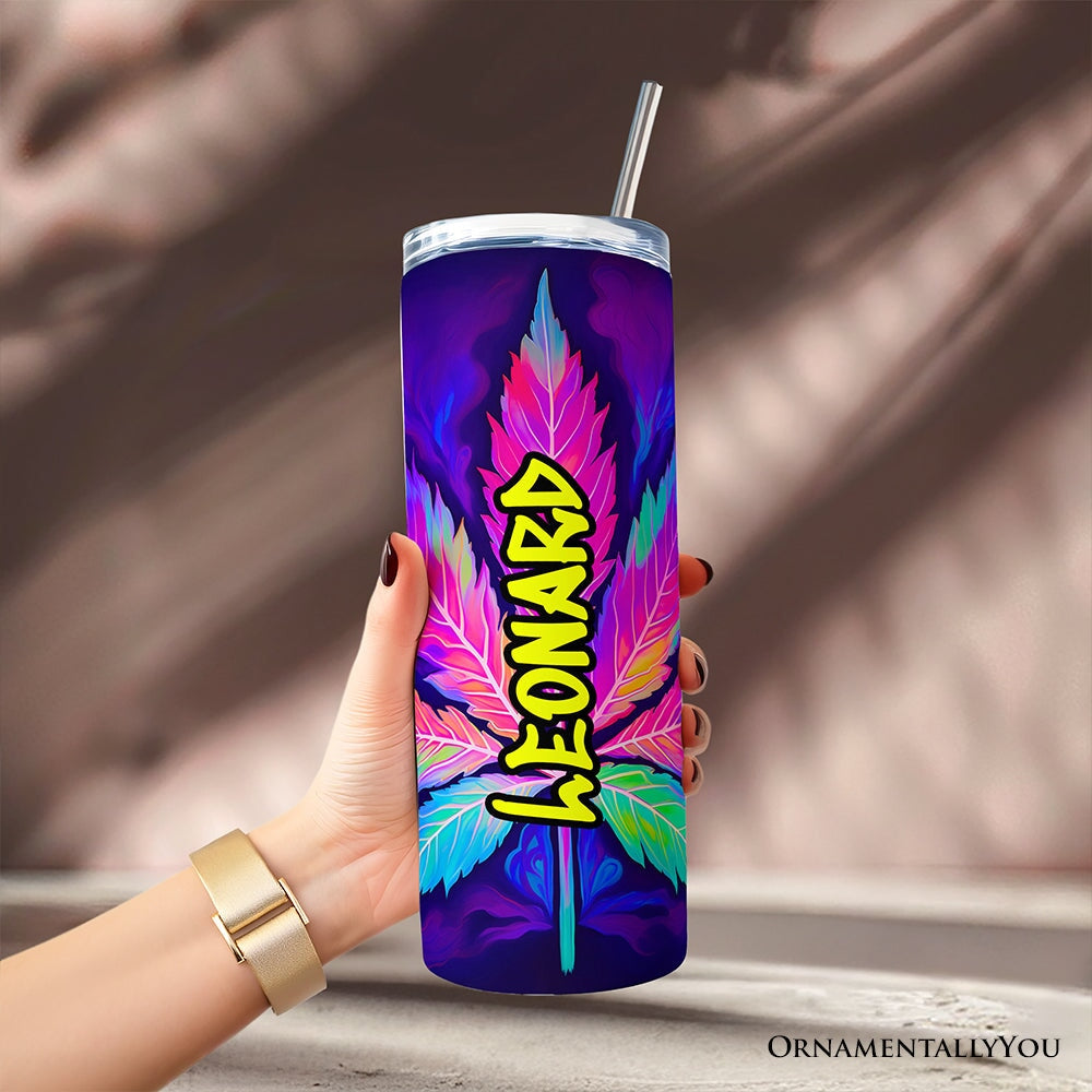 Neon Cannabis Leaf 20oz Personalized Tumbler With Lid and Stainless Steel Straw, Psychedelic Weed Aesthetic Gift Cup