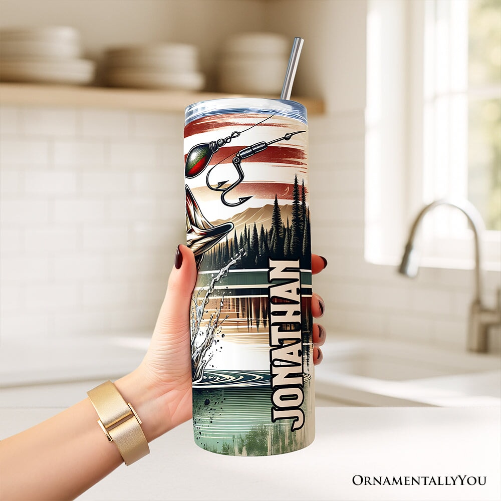 Patriotic Bass Fishing 20oz Personalized Tumbler With Lid and Stainless Steel Straw, Retro Angler Gift Cup