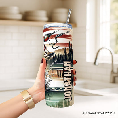 Patriotic Bass Fishing 20oz Personalized Tumbler With Lid and Stainless Steel Straw, Retro Angler Gift Cup