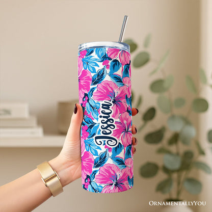 Pink and Blue Hibiscus Flowers 20oz Personalized Tumbler With Lid and Stainless Steel Straw, Vibrant Summer Floral Gift Cup