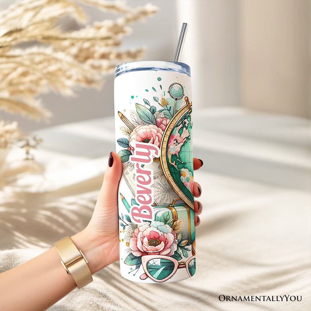 Pink and Teal Wanderlust Girl 20oz Personalized Tumbler With Lid and Stainless Steel Straw, Floral Traveler Adventurer Gift Cup
